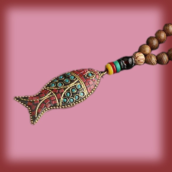 Handmade Unisex Mala Wood Beads Fish Necklace - Fashion Jewelry - Picture 8 of 11